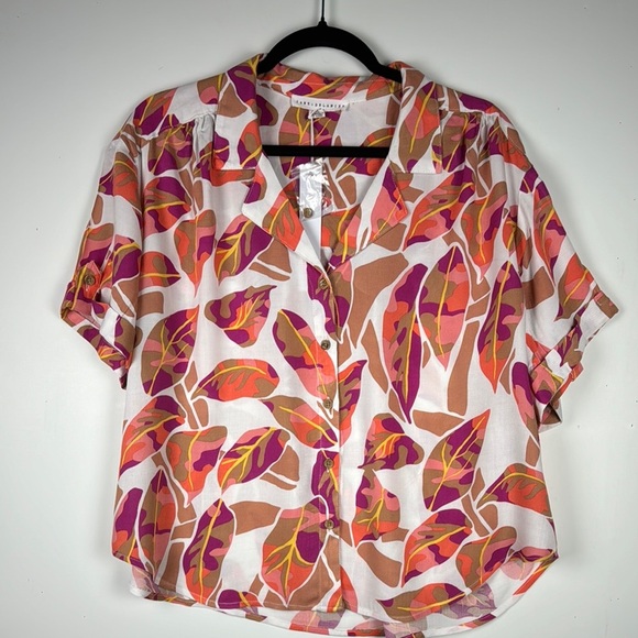 Jane & Delancey top Sz L NWT SS crème Orange  Purple Gold Leaf design button up - Picture 1 of 8